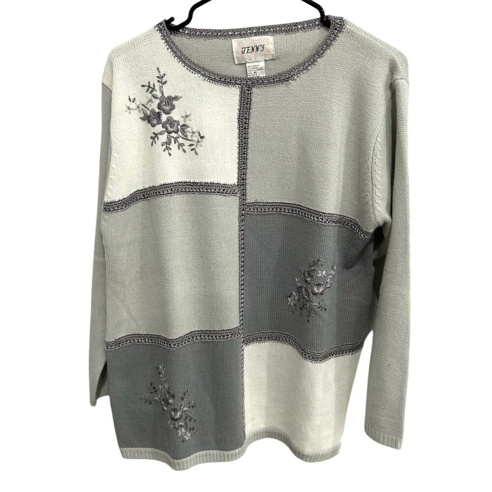 Vintage Jenny Patchwork Knit Sweater Floral Embroidery Gray White Size M